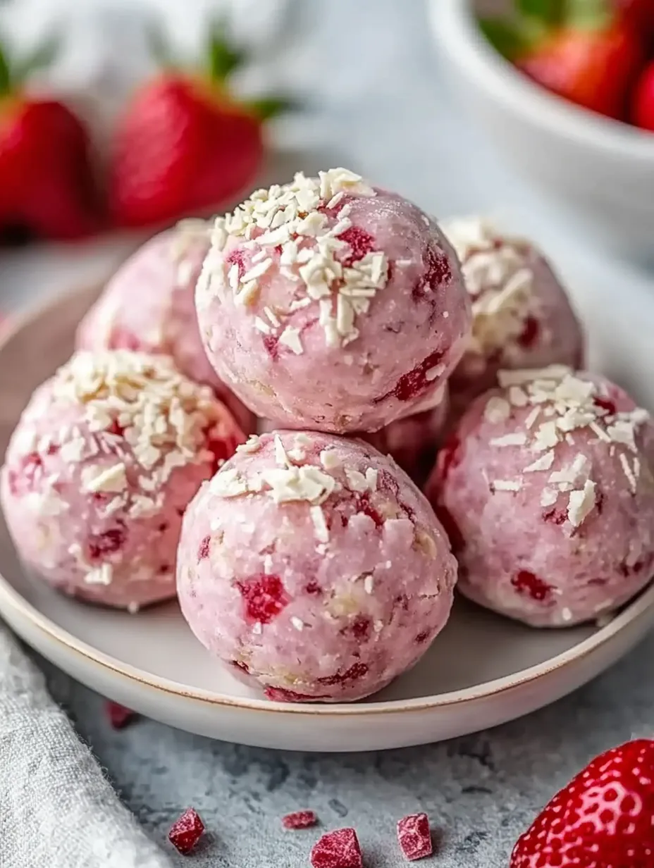 A plate of pink balls with powdered sugar on top.