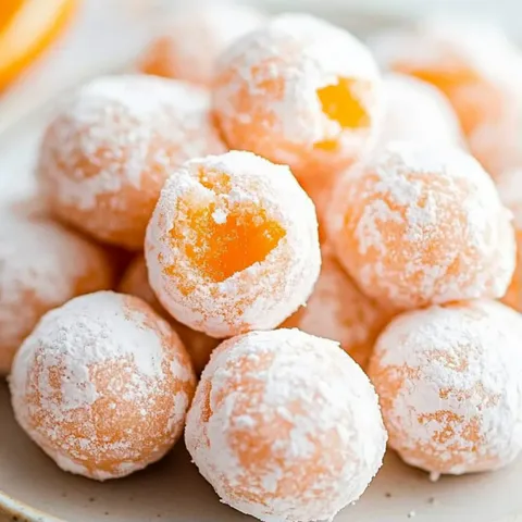 A plate of orange and white powdered donuts.