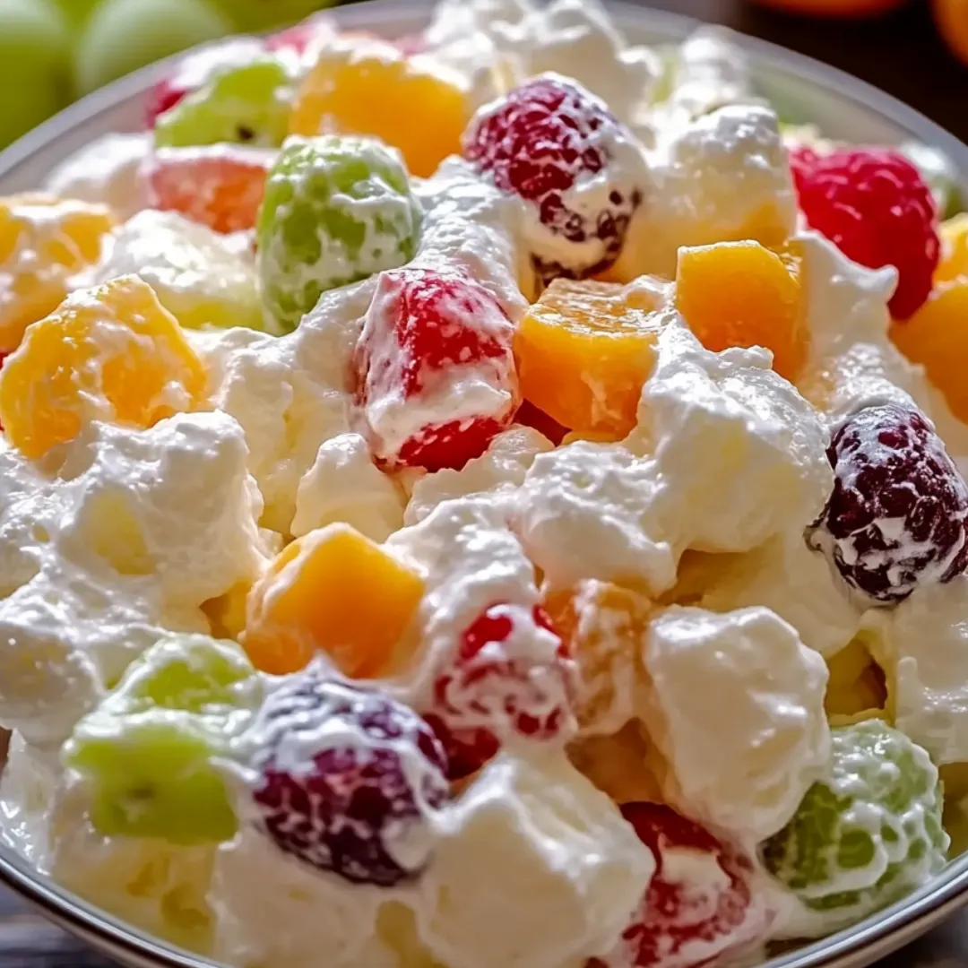 A bowl of fruit salad with white cream.
