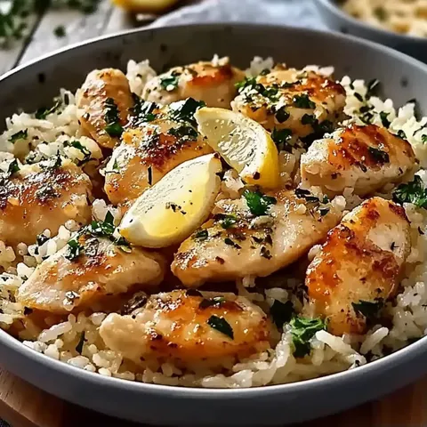 A bowl of rice with chicken and lemon.