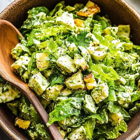 A bowl of salad with a wooden spoon.