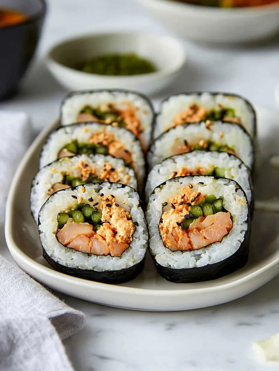 A plate of sushi with peas and salmon.