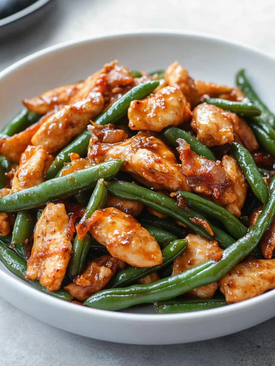 A plate of chicken and green beans.
