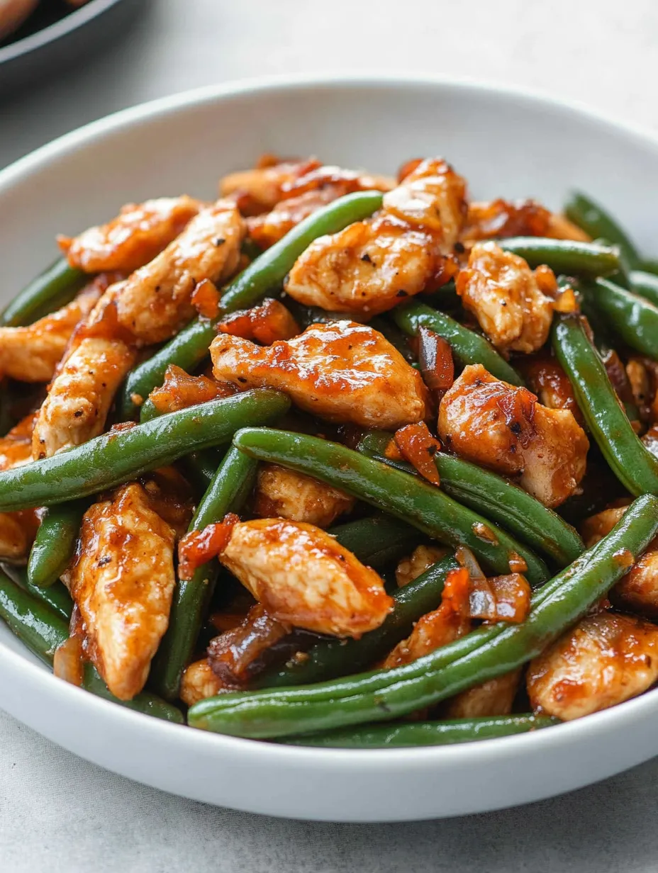 A bowl of chicken and green beans.