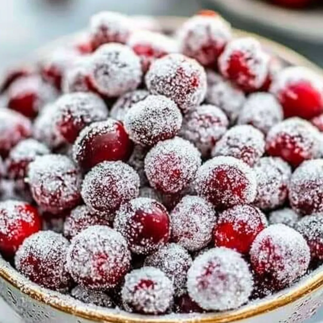 A bowl of red berries covered in powdered sugar.