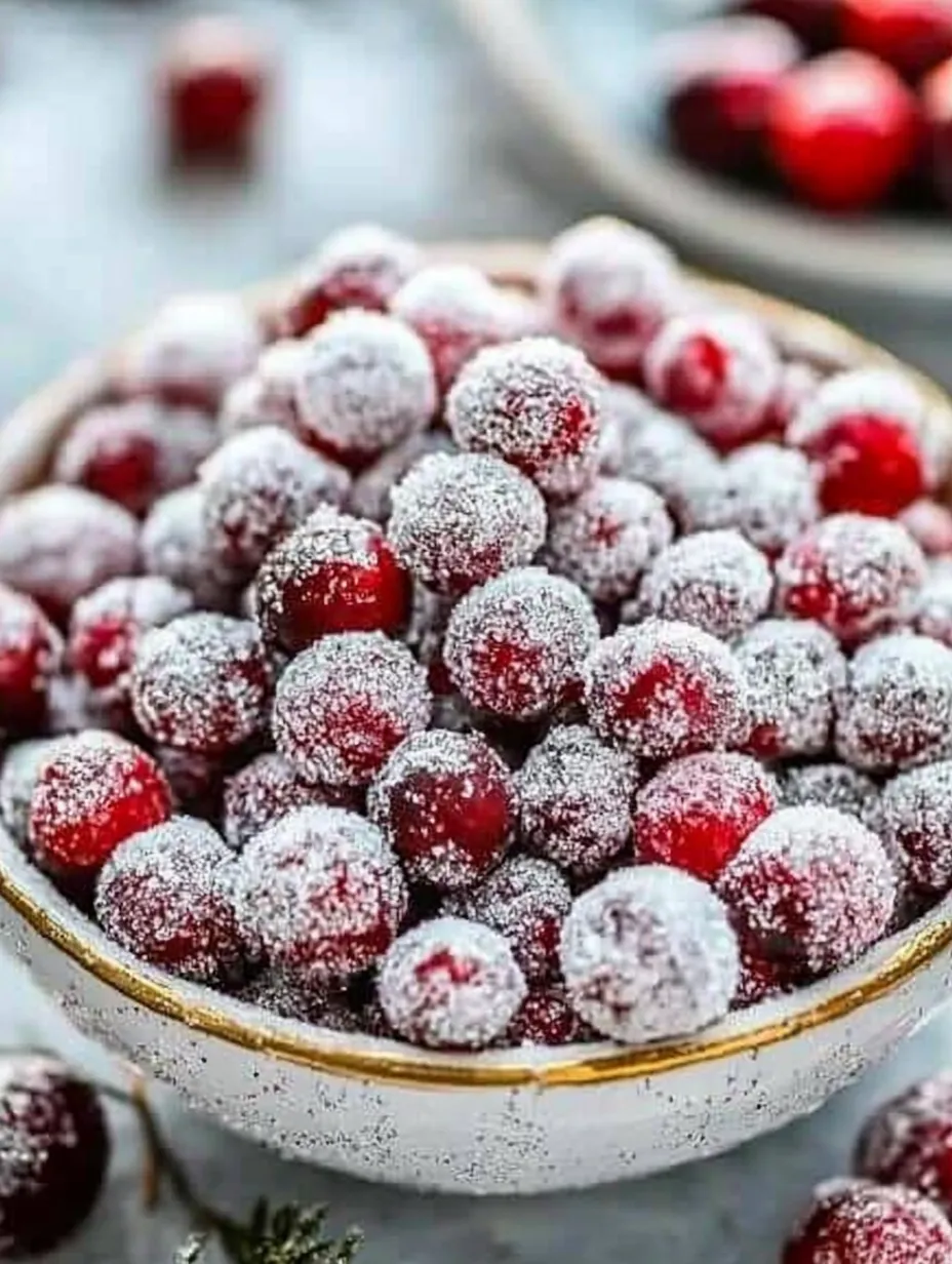 Bowl of red berries covered in powdered sugar.
