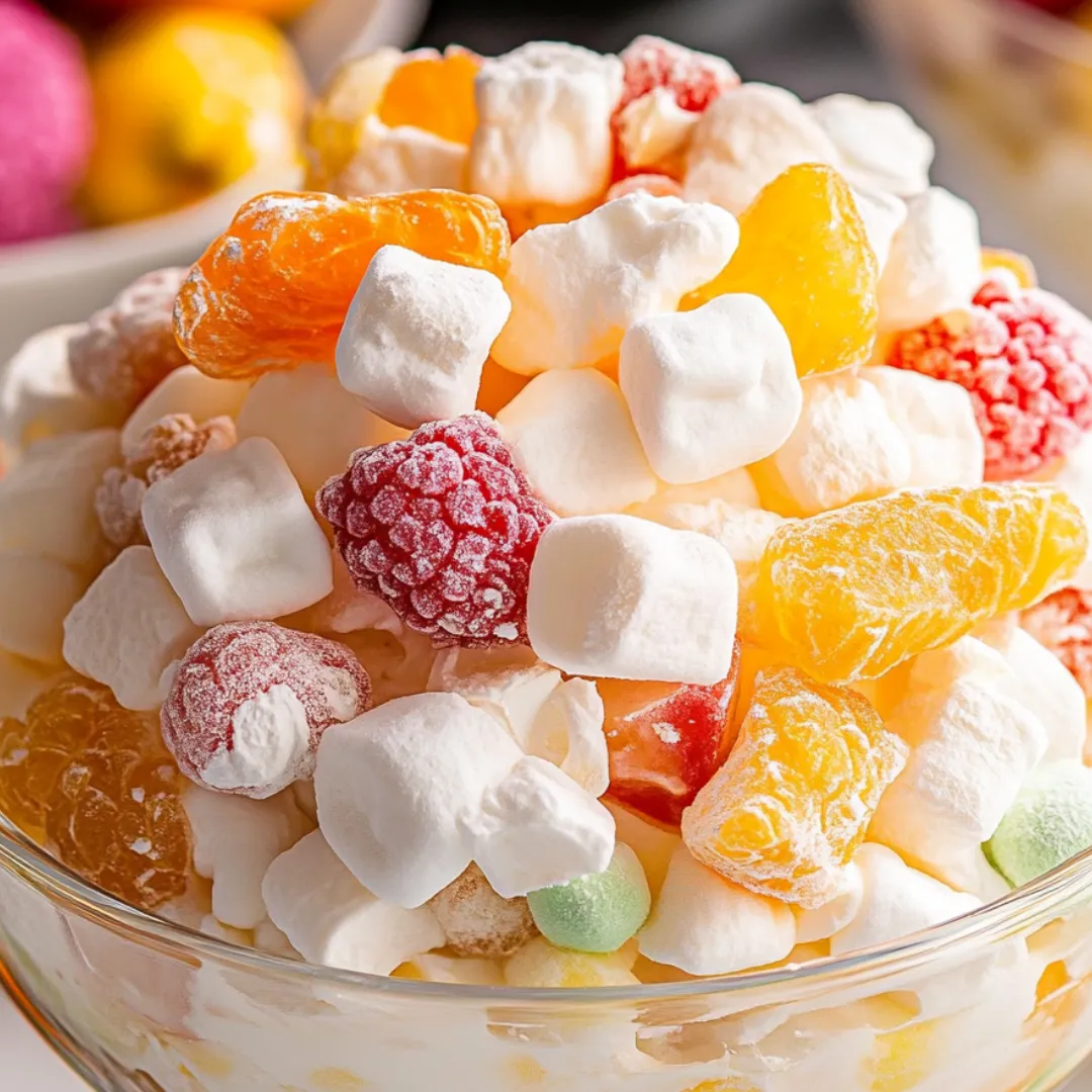 A bowl of fruit with marshmallows on top.