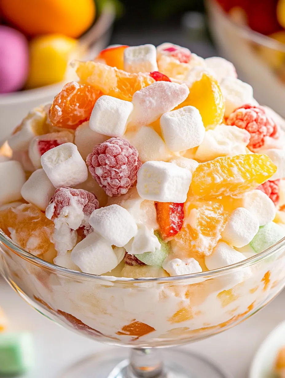 A bowl of fruit salad with marshmallows.