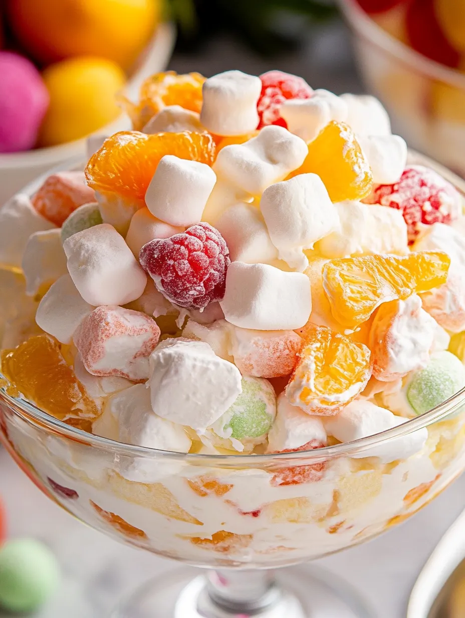 A bowl of fruit salad with marshmallows.