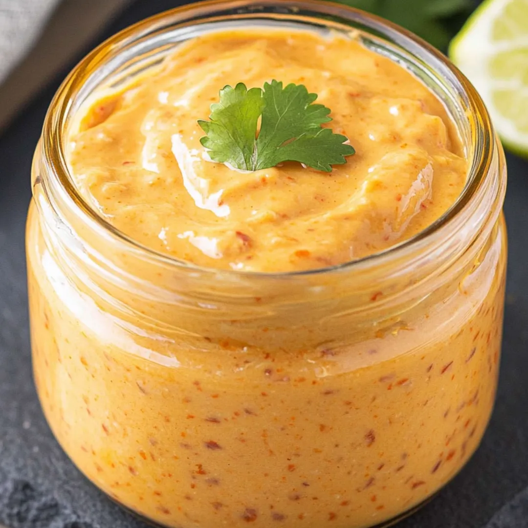 A jar of orange sauce with a cilantro garnish.