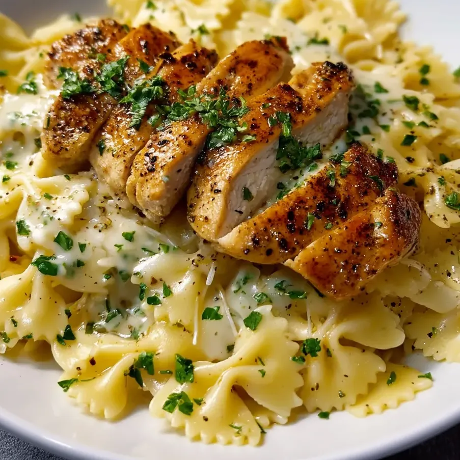 A plate of pasta with chicken and herbs.