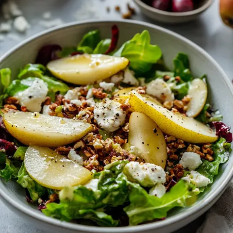 A bowl of salad with feta cheese and apples.