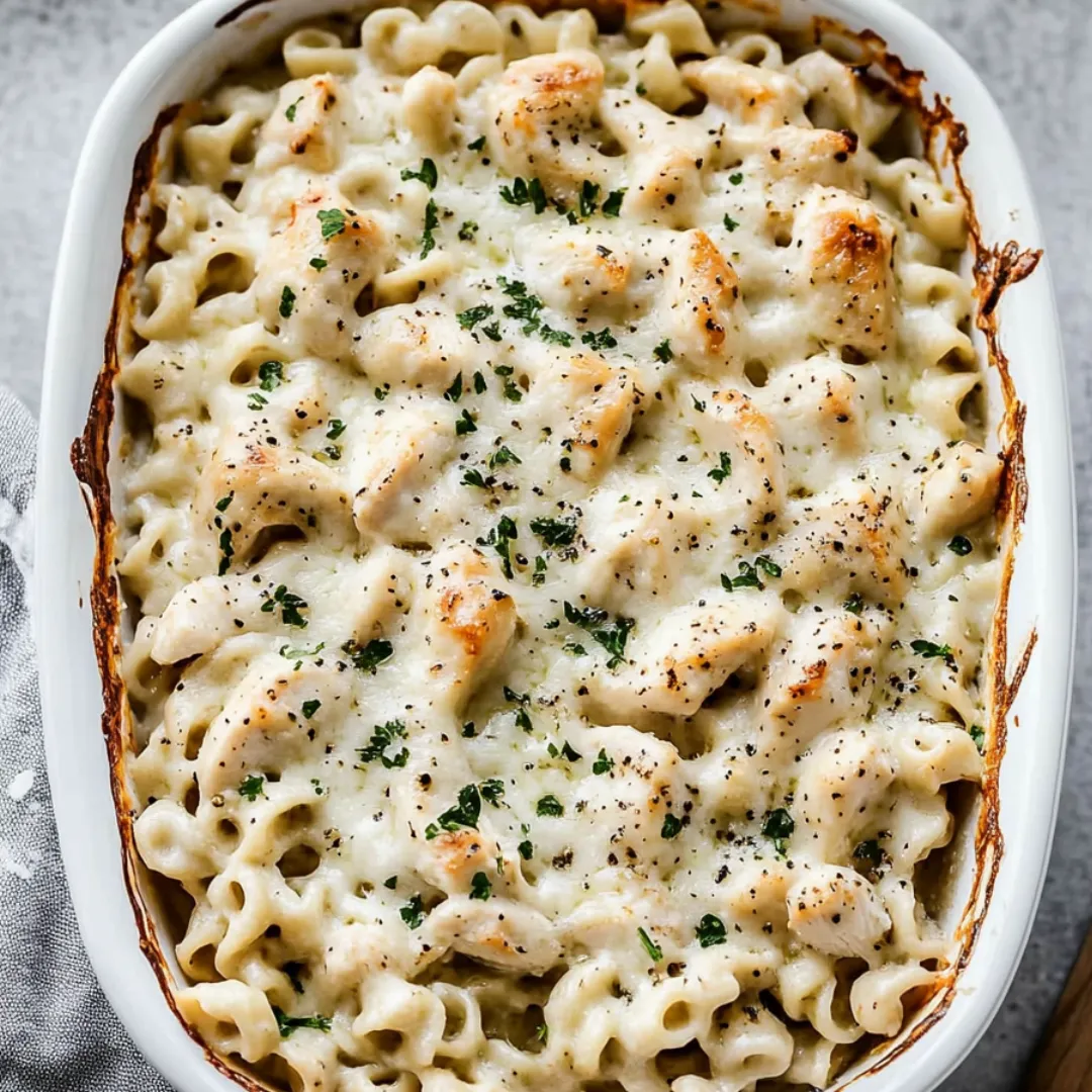 A dish of chicken and noodles.