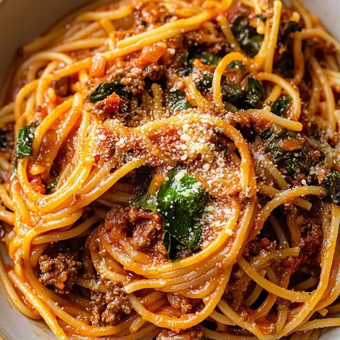 A bowl of spaghetti with meat sauce and green herbs.