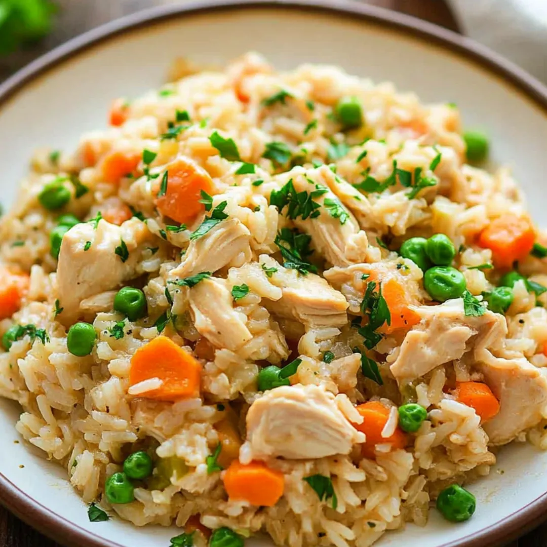 A bowl of rice with chicken and peas.