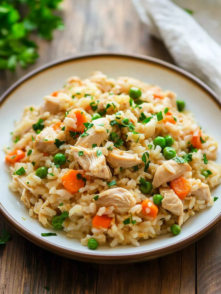 A plate of rice with chicken and peas.