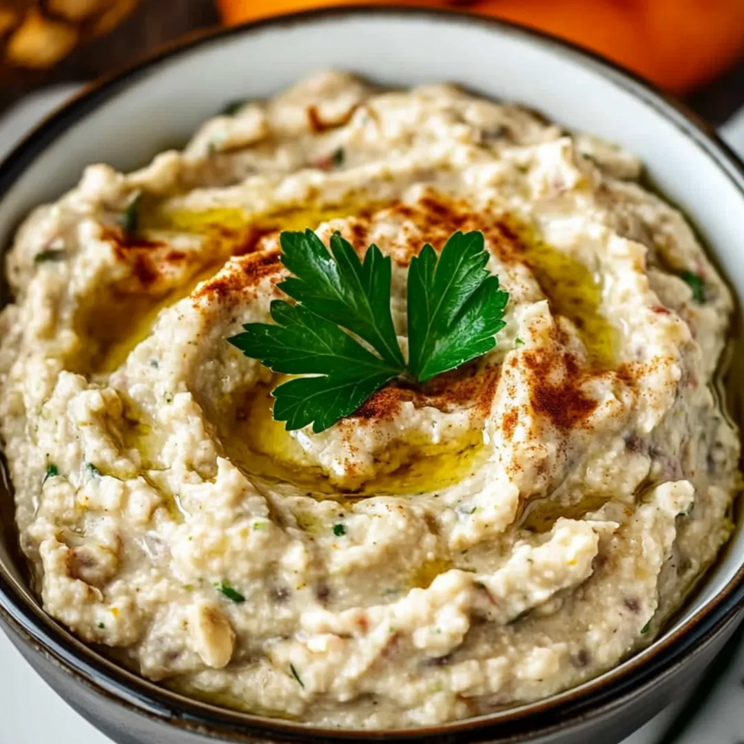 A bowl of hummus with a sprig of parsley on top.