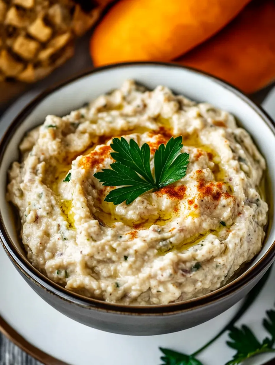 A bowl of hummus with a green herb on top.