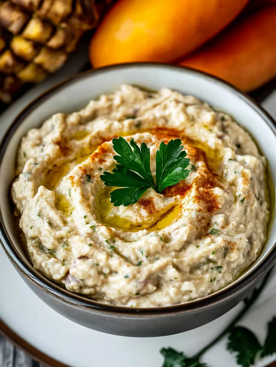 A bowl of hummus with a green herb on top.