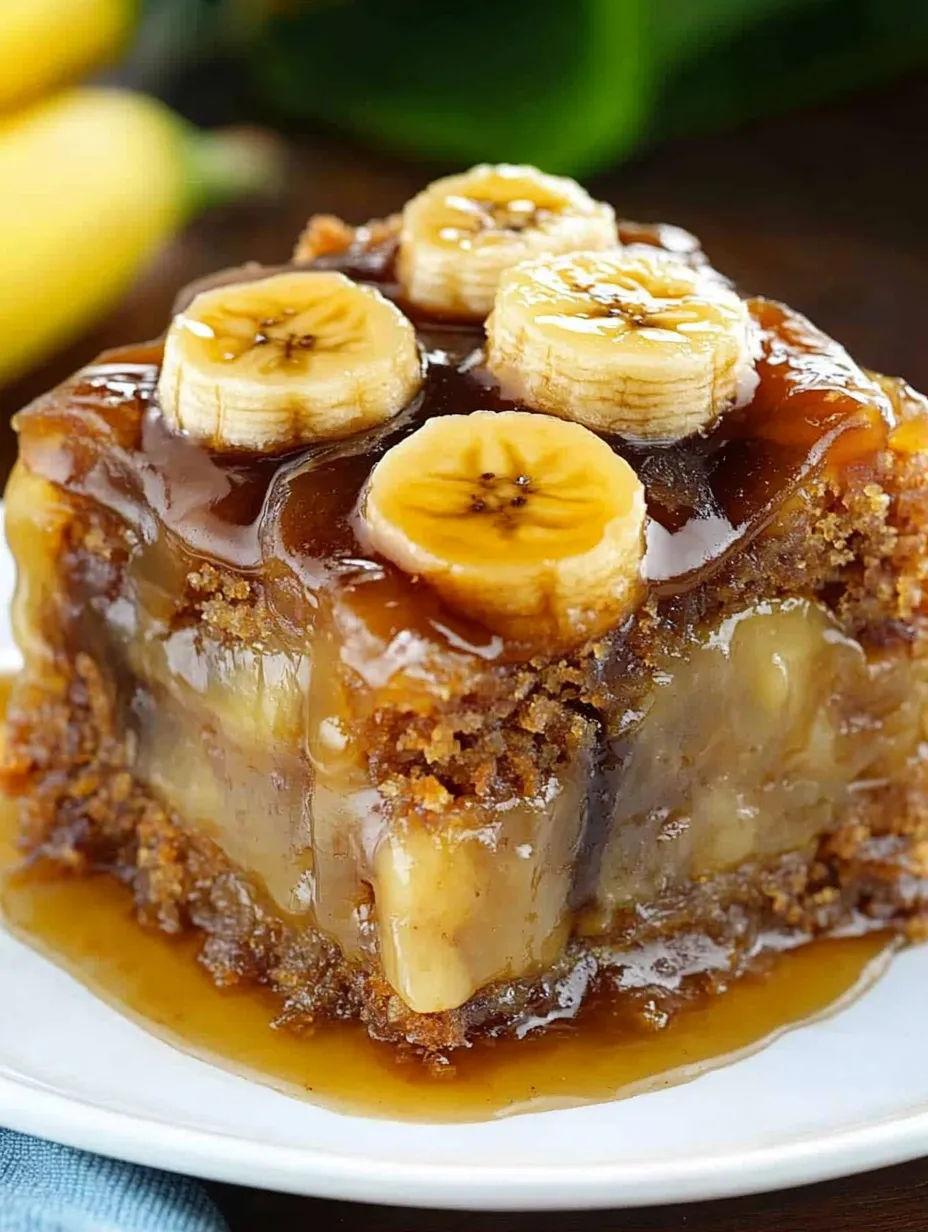 A slice of cake with bananas on top.