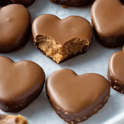 A heart shaped chocolate candy with a bite taken out of it.