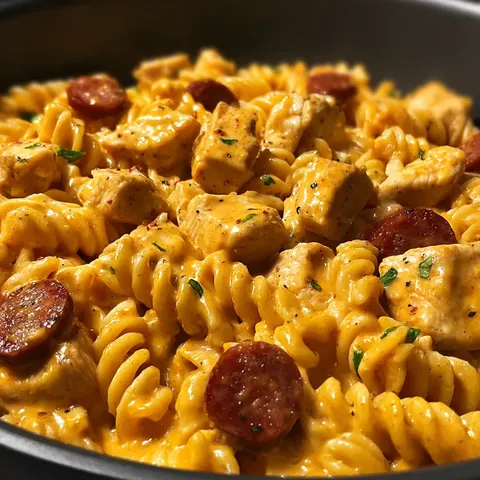 A bowl of pasta with meat and peppers.