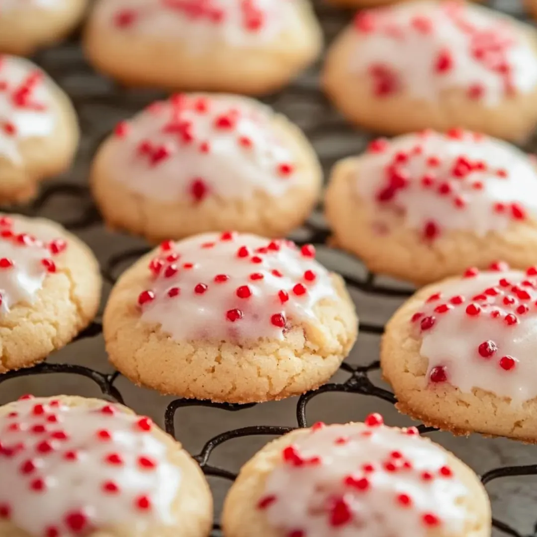 A tray of cookies with white frosting and red sprinkles.