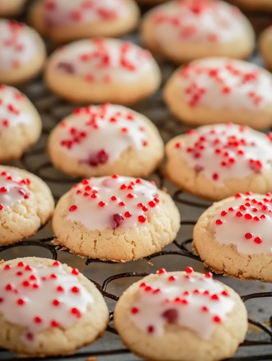 A tray of cookies with red and white frosting.