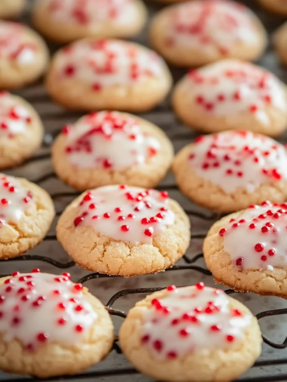 A tray of red and white cookies.