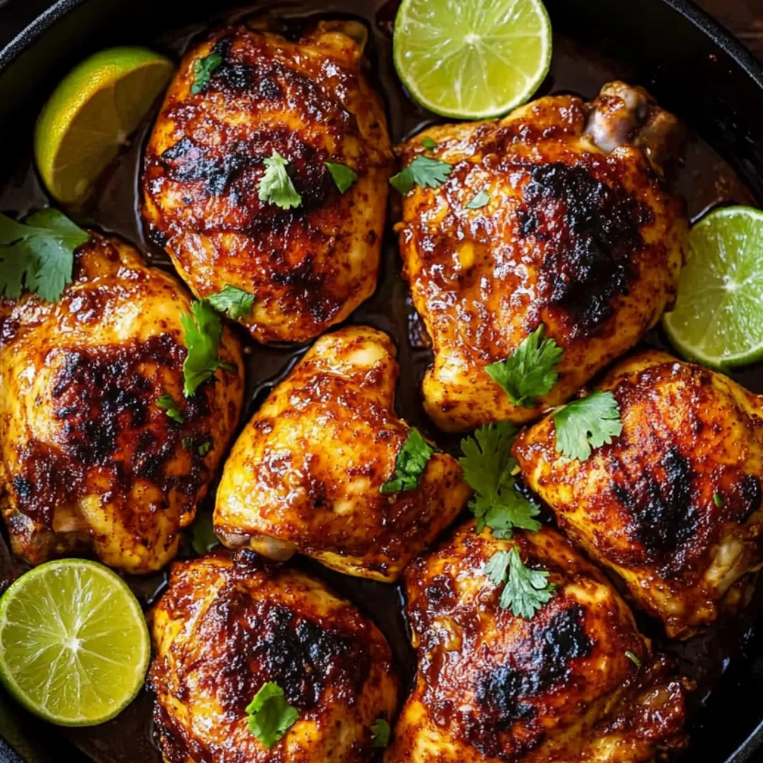 A bowl of chicken with limes and herbs.