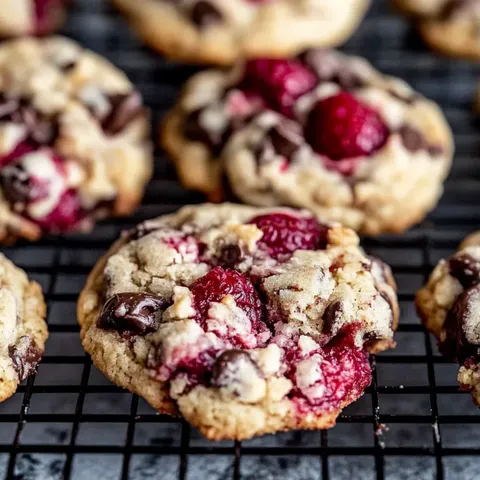 A cookie with chocolate chips and raspberry.