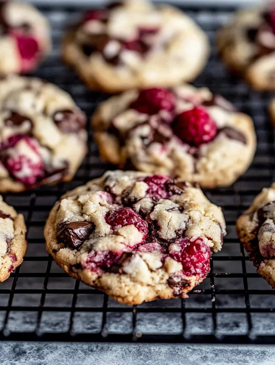 A cookie with chocolate and raspberry on top.