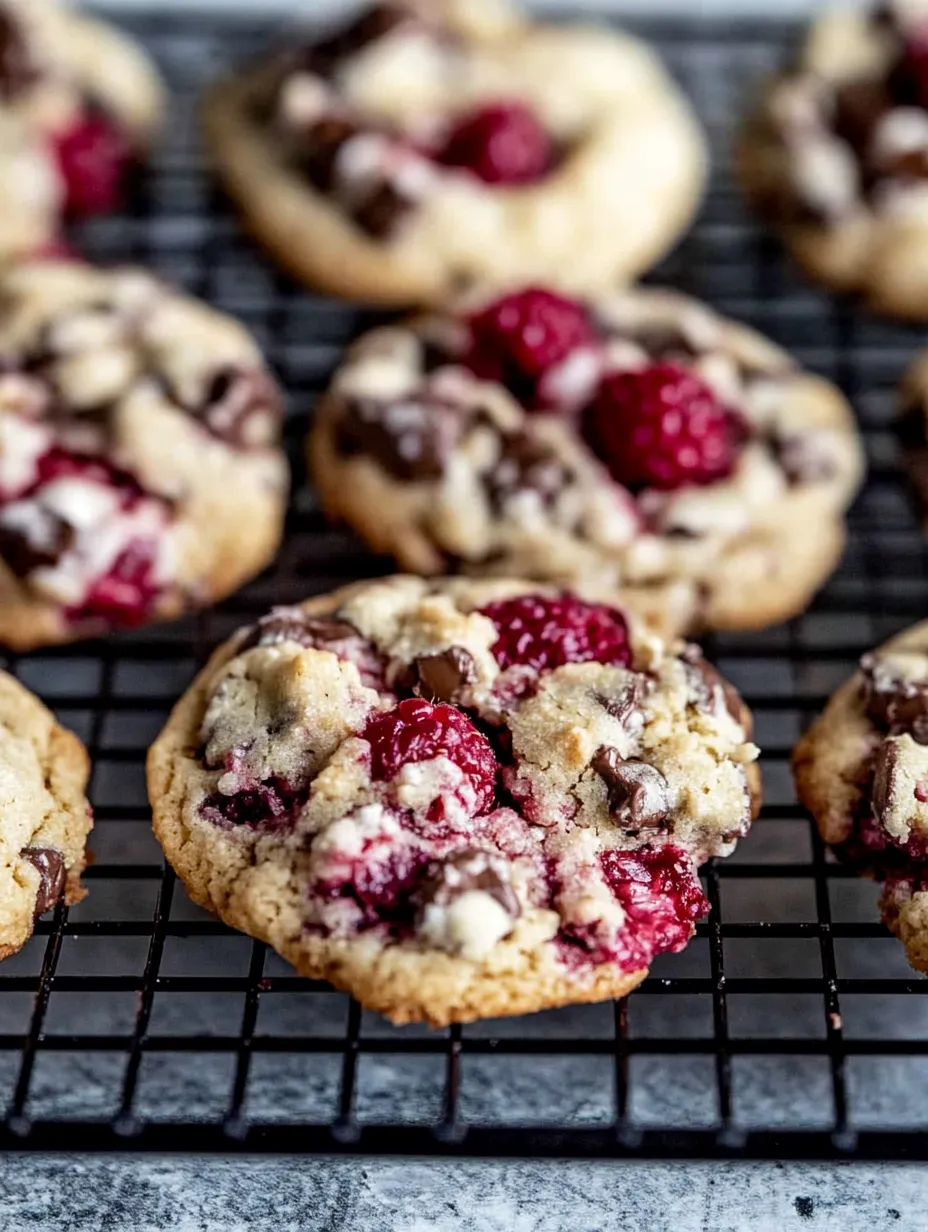 A tray of cookies with chocolate and raspberry toppings.