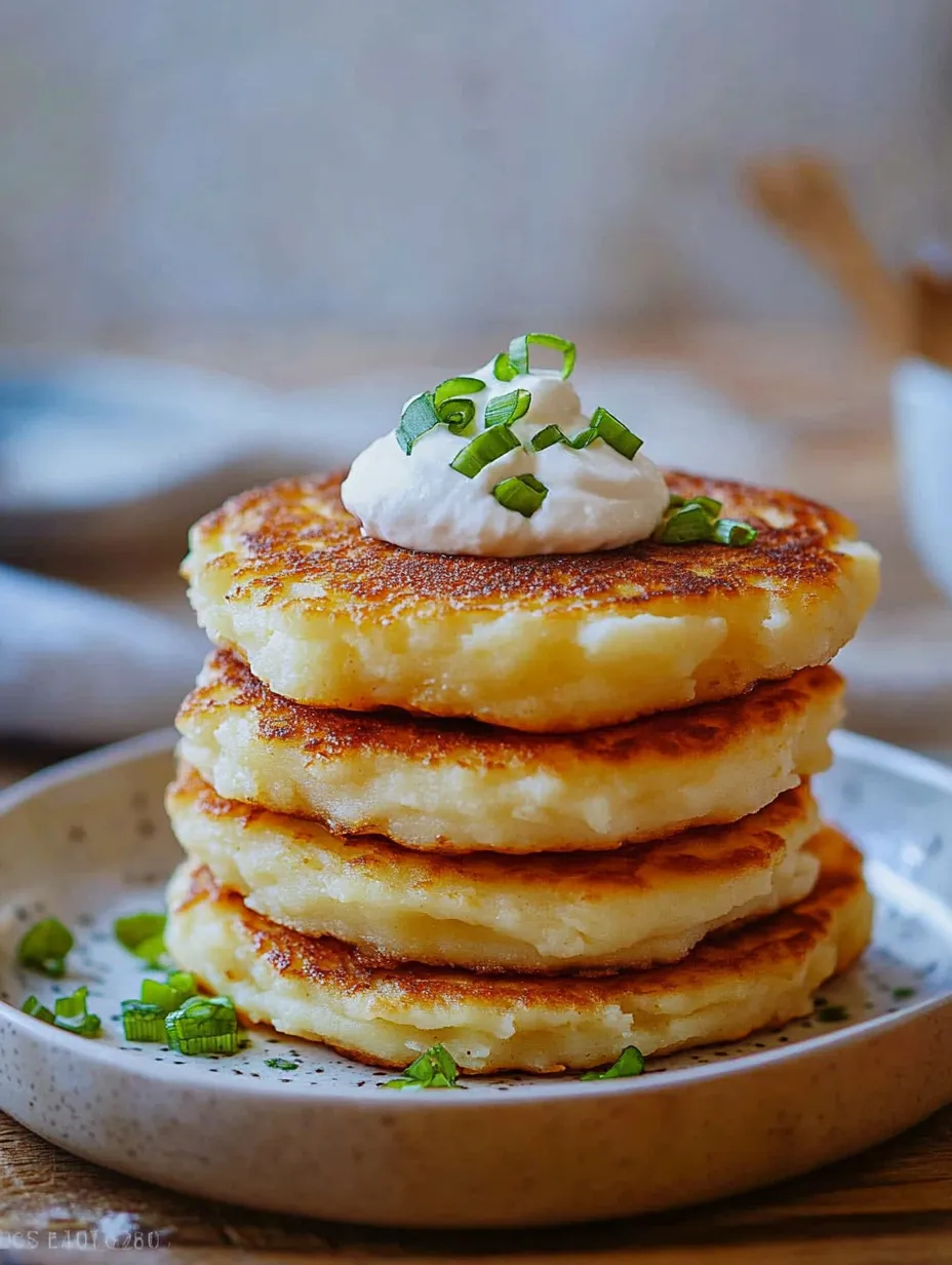 A stack of pancakes with white sauce on top.