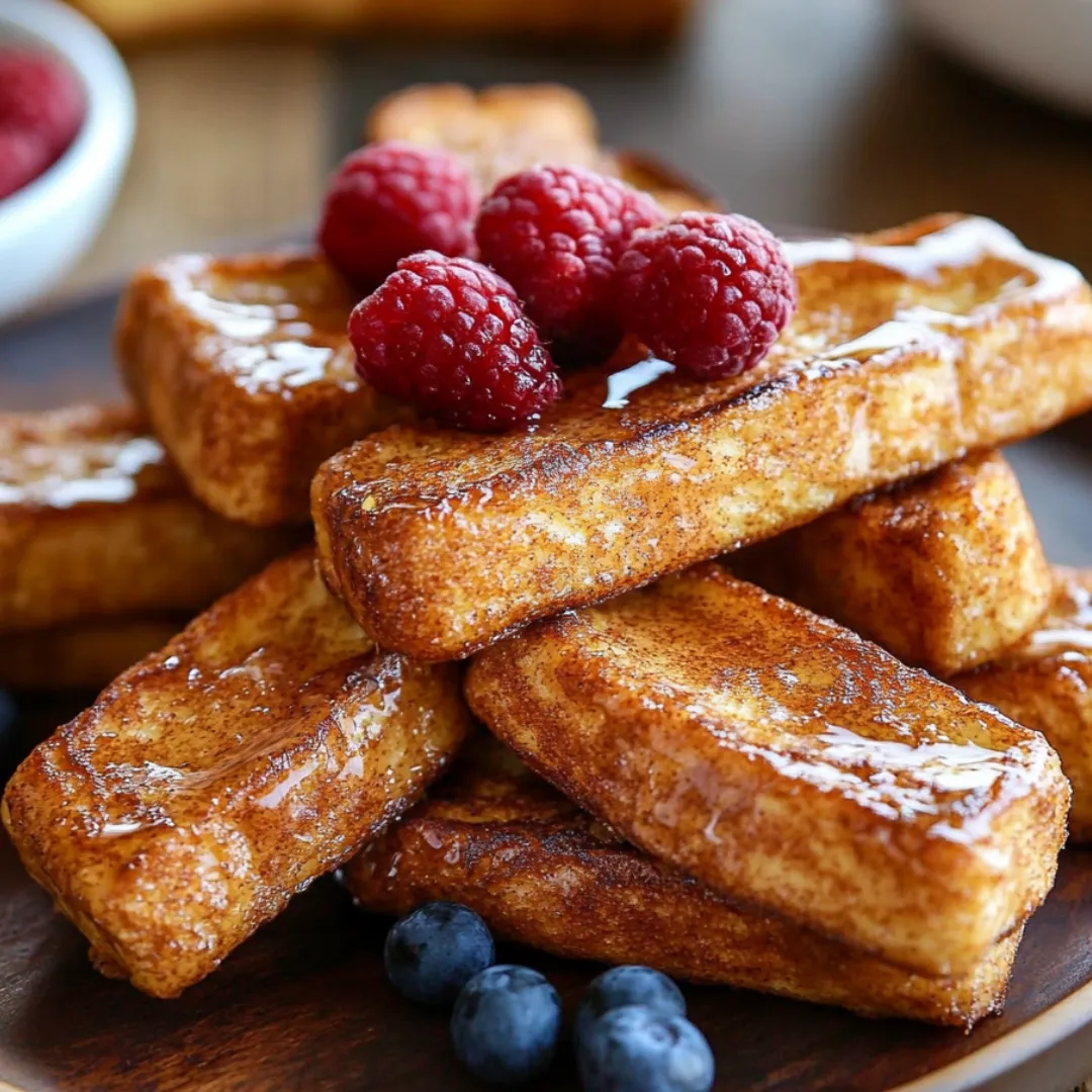 A stack of French toast with raspberries on top.