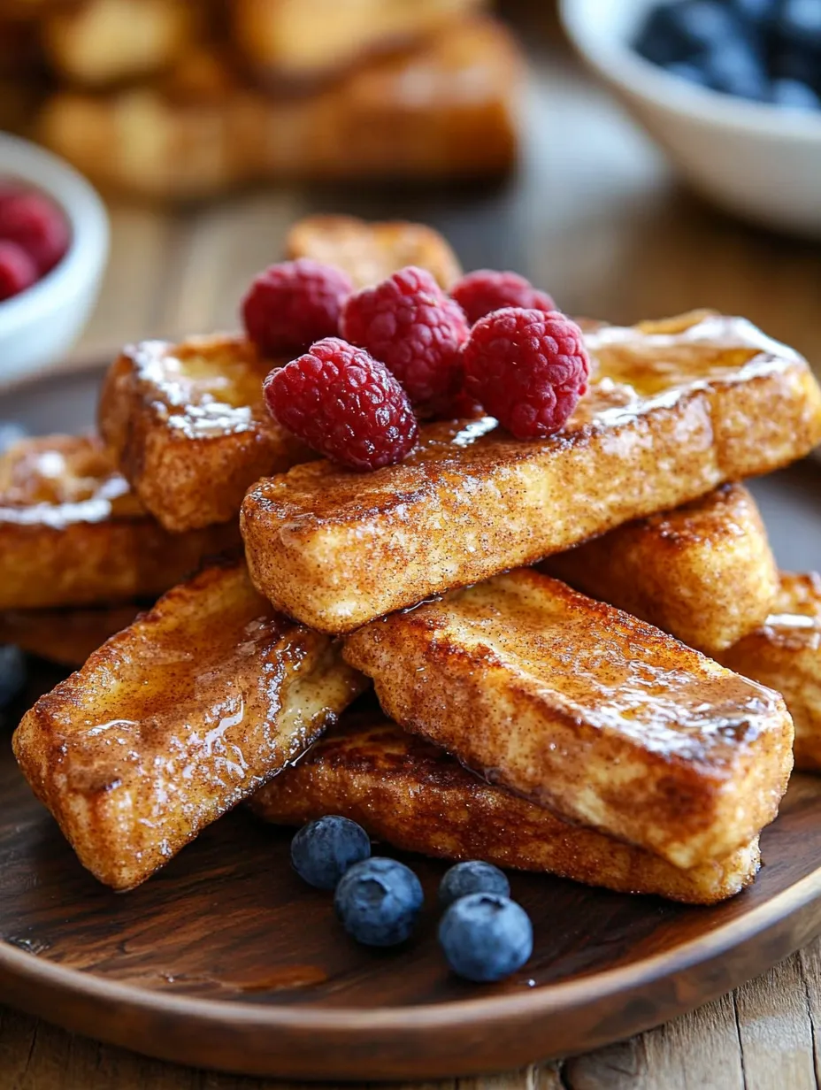 A stack of French toast with raspberries on top.