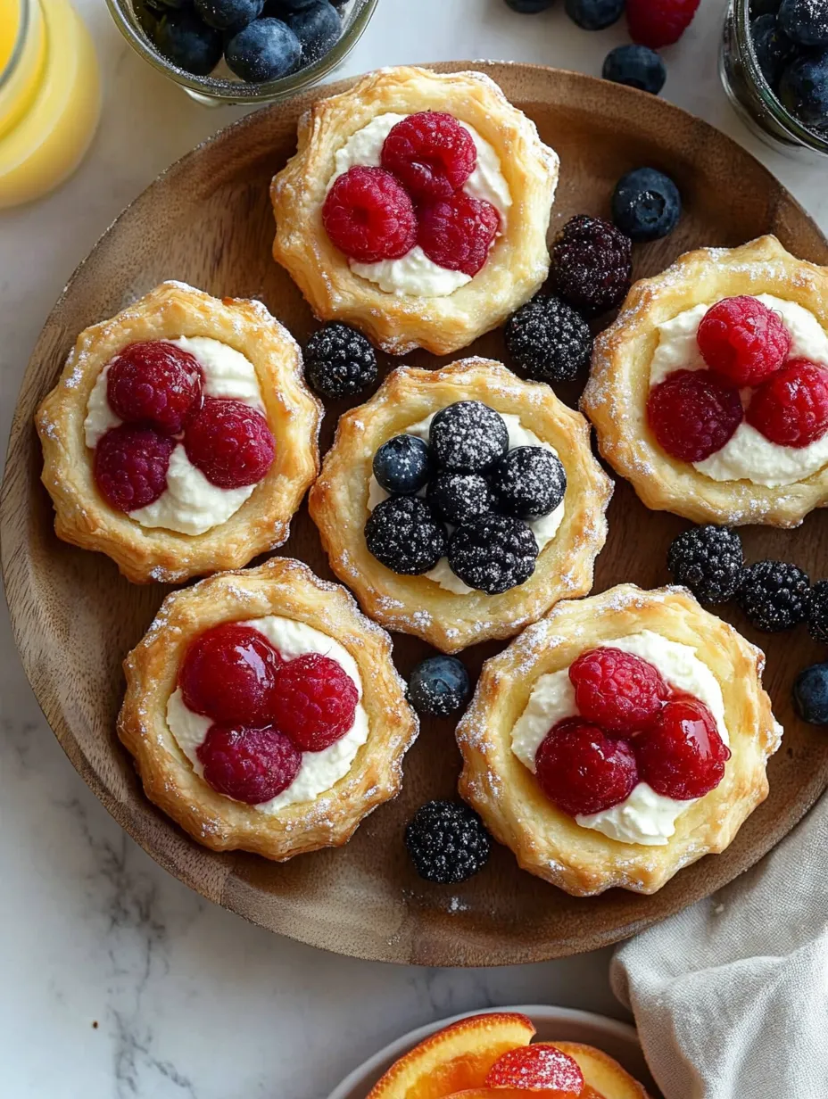 A plate of pastries with berries and cream.