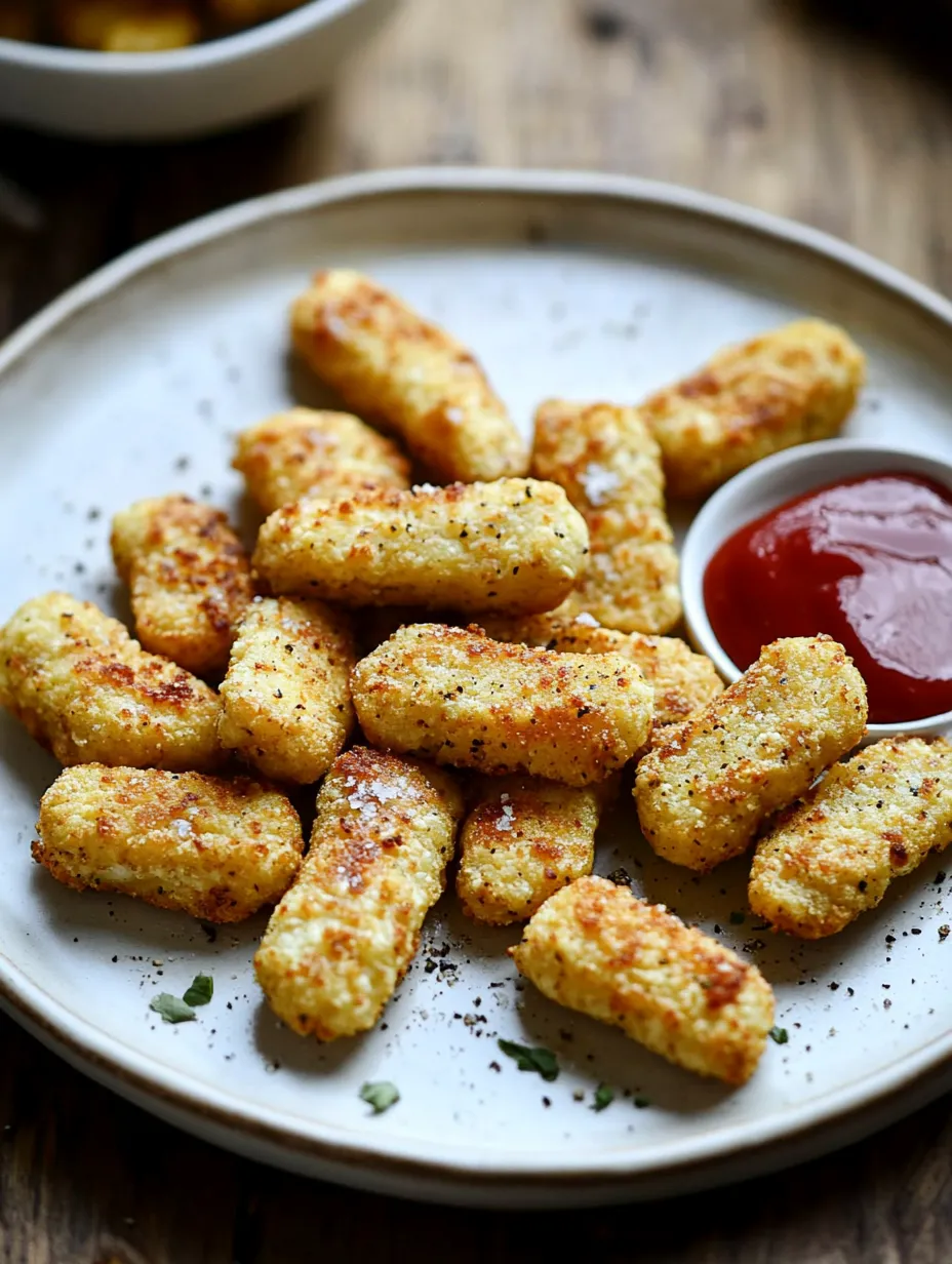 A plate of fried food with a ketchup dipping sauce.