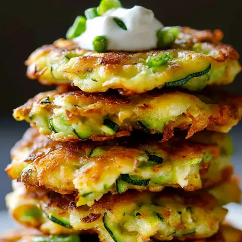 A stack of pancakes with zucchini and white sauce.