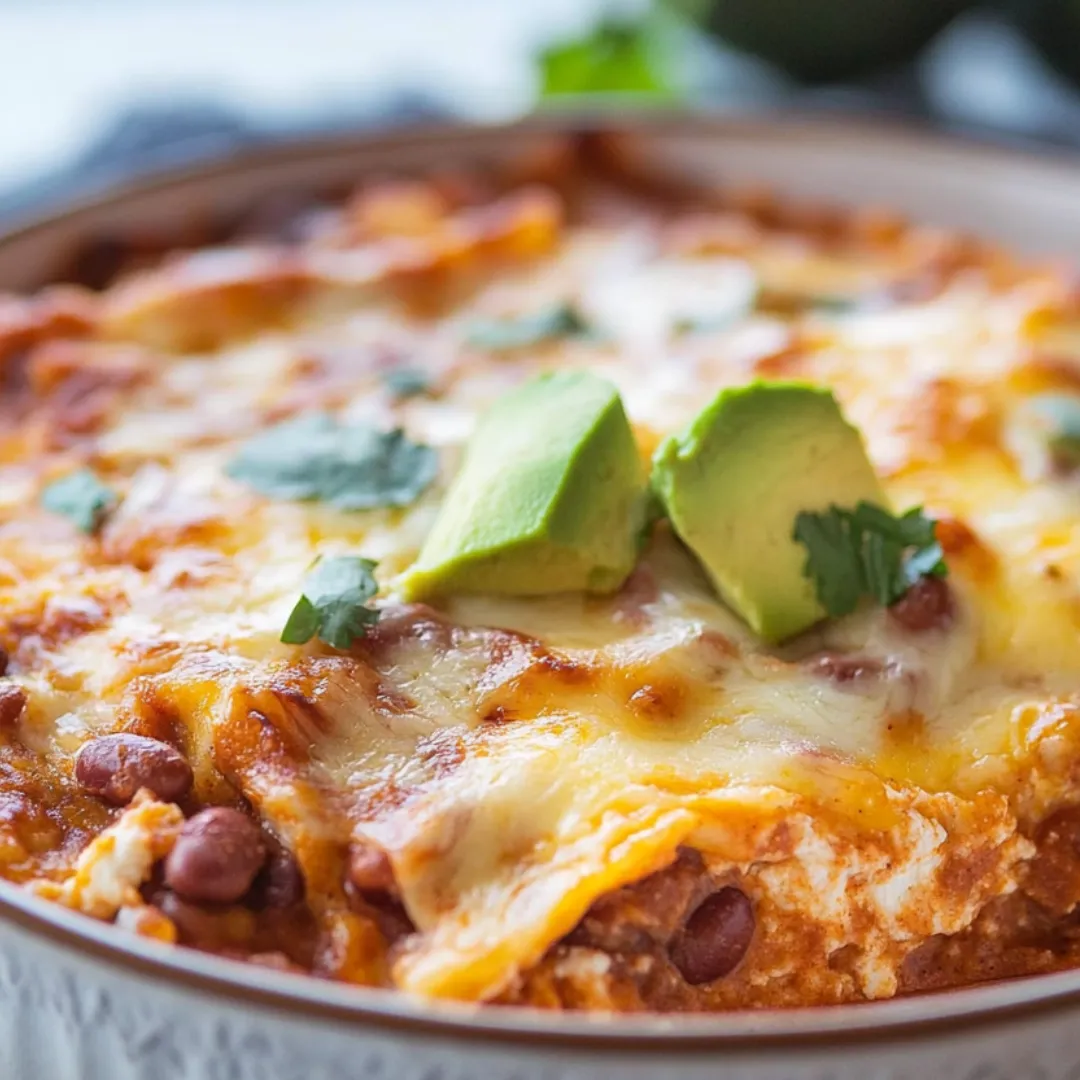 A bowl of food with a slice of avocado on top.