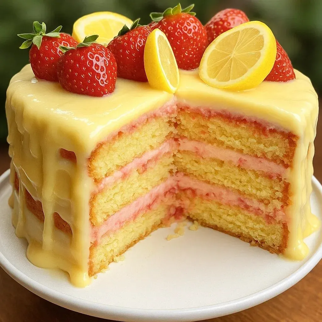 A slice of cake with strawberries and lemon.
