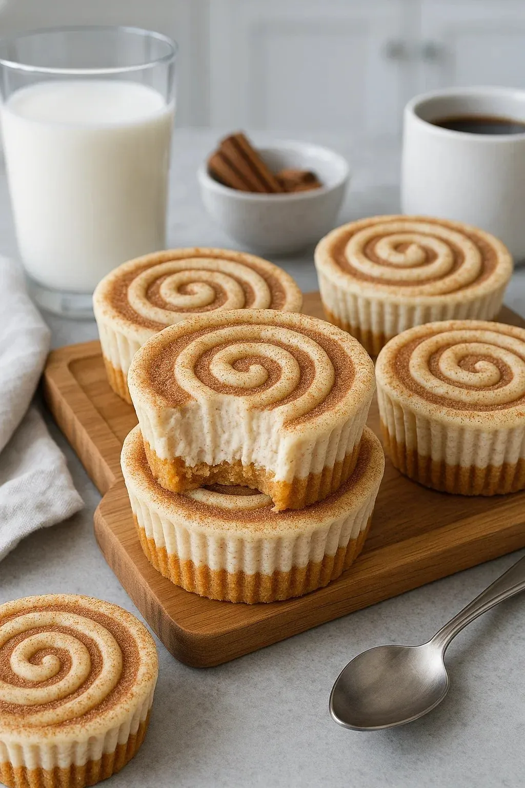 A wooden cutting board with a fork and three cinnamon rolls.