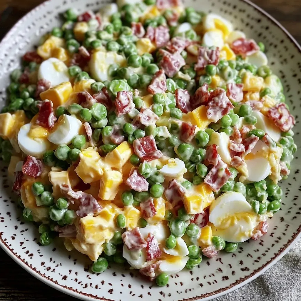 A dish with peas, eggs, and ham served on a plate.