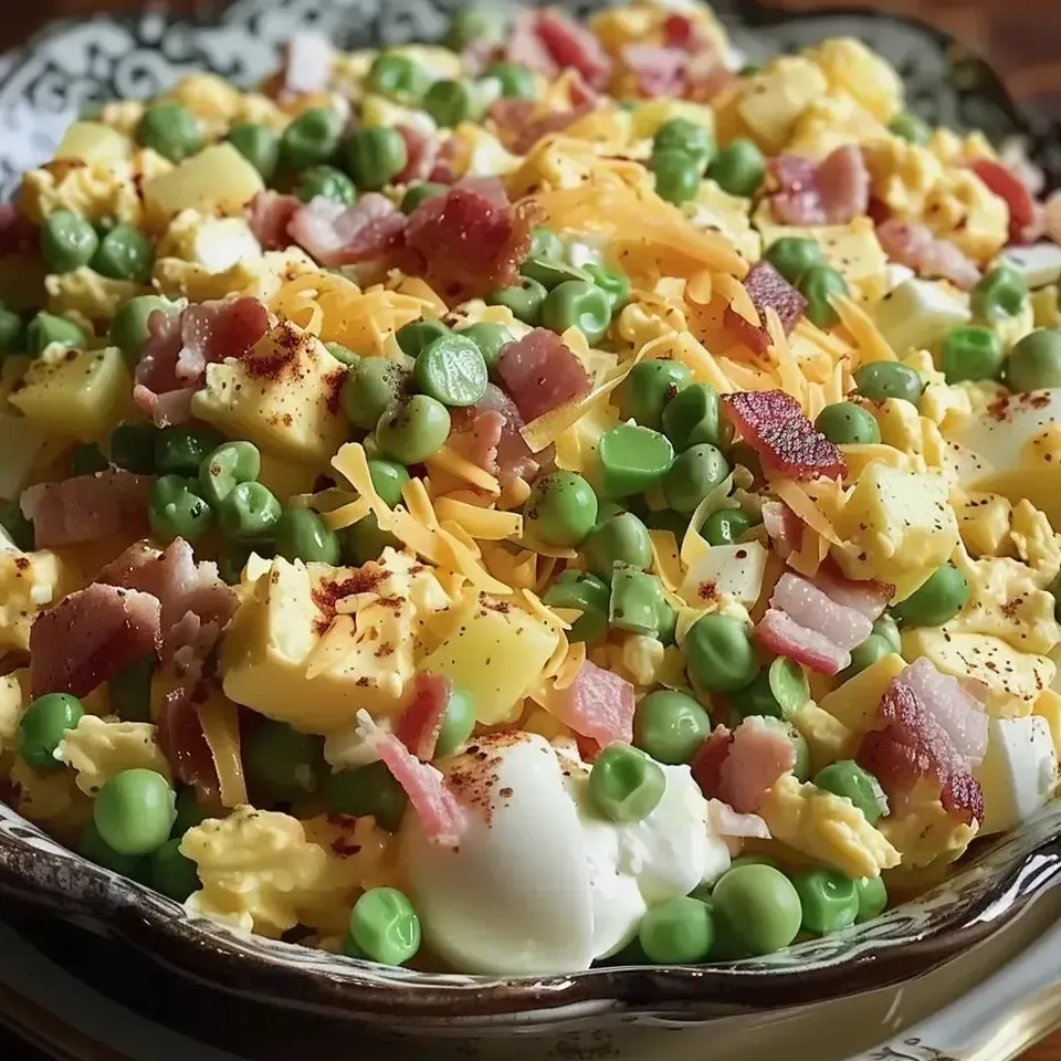 A dish with ham, peas, and eggs.