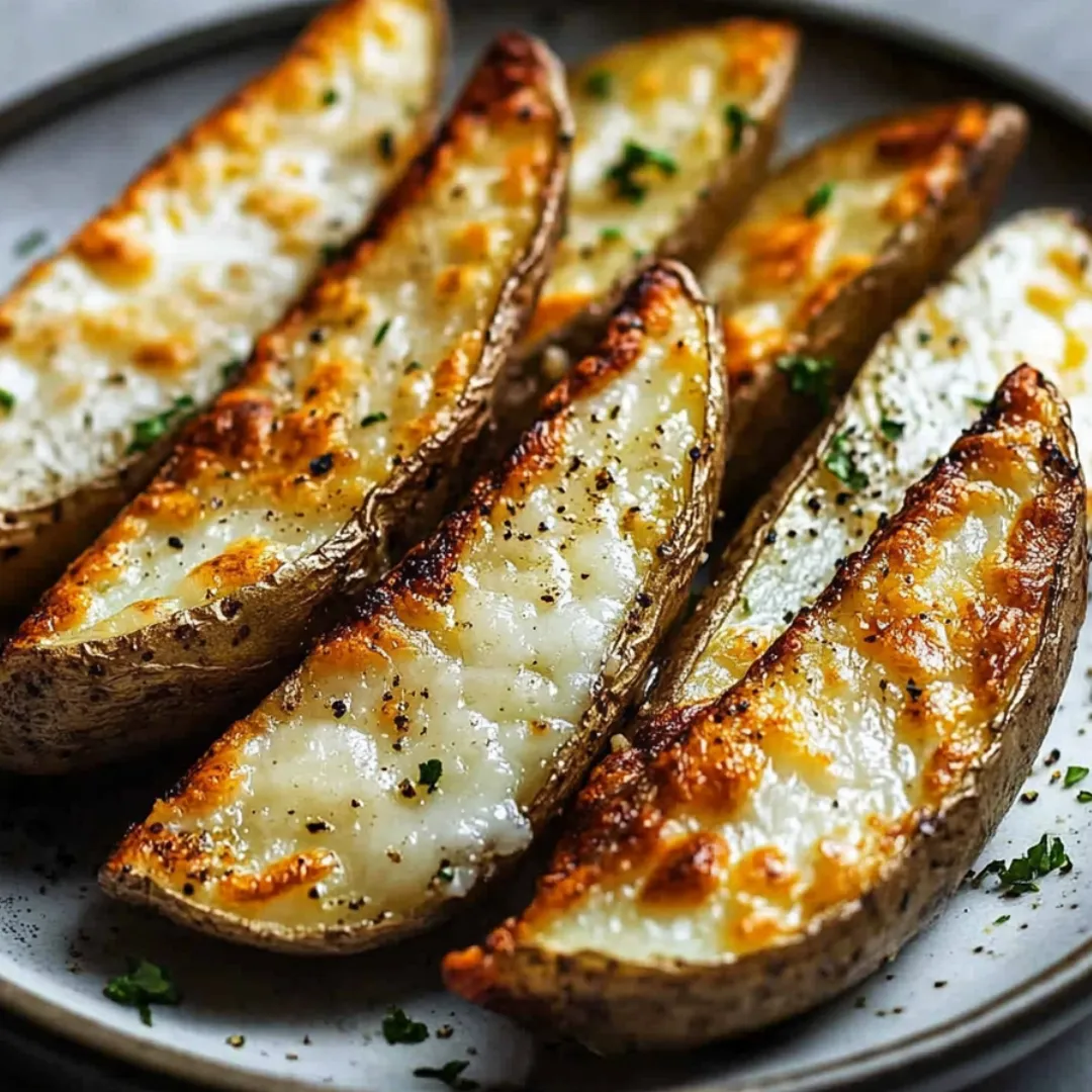 A plate of baked potatoes with cheese.