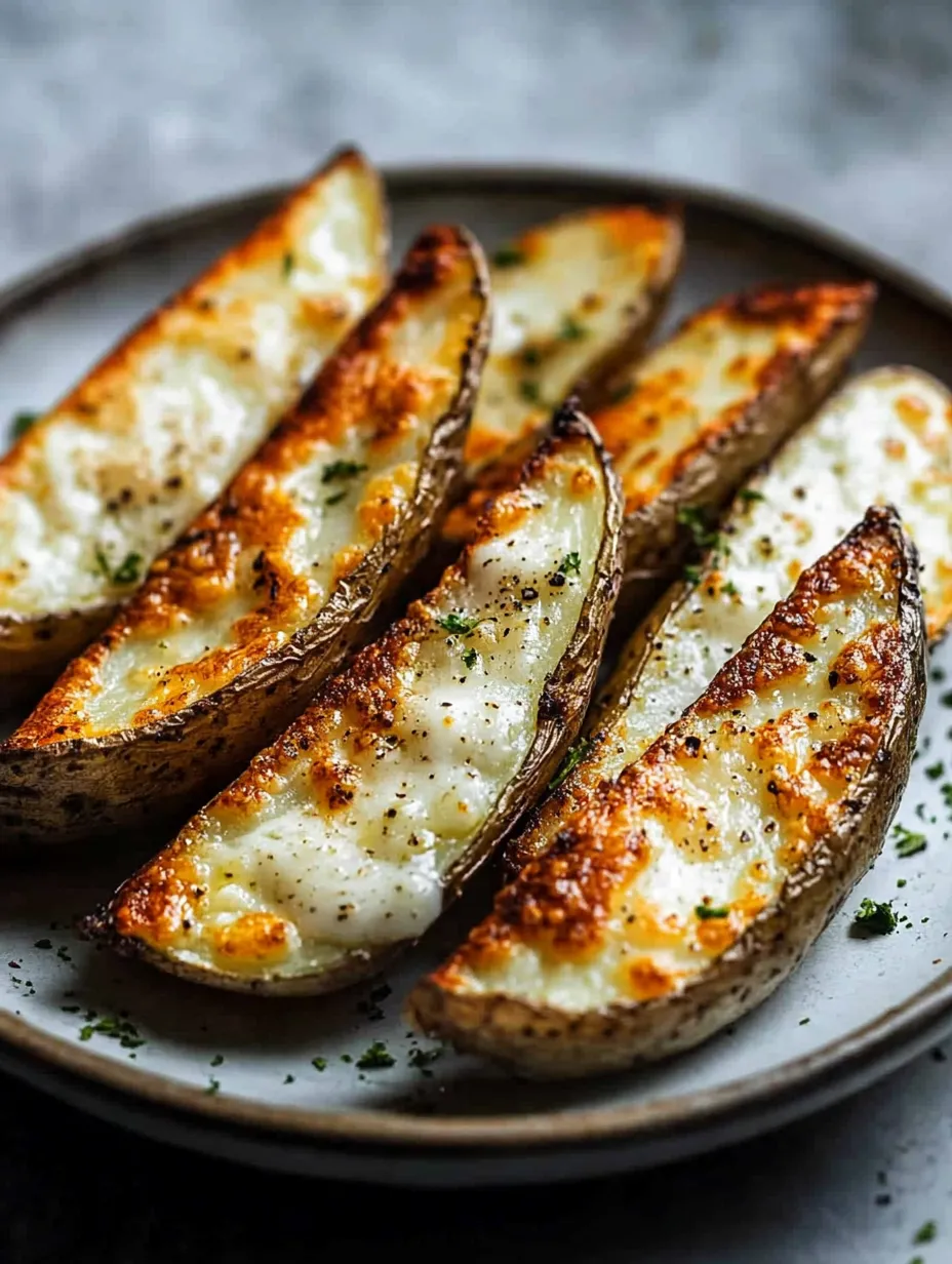 A plate of baked potatoes with cheese.