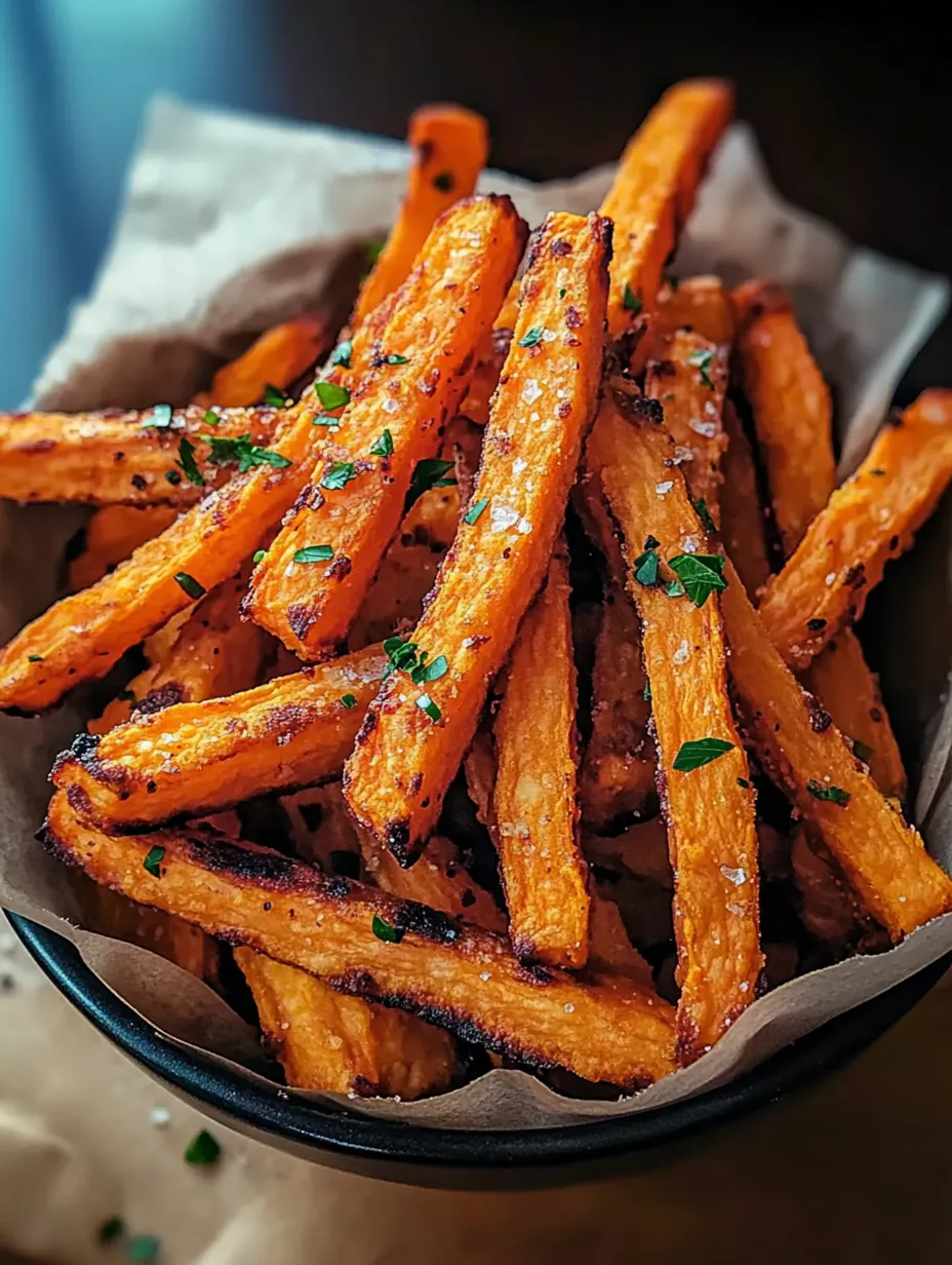 A bowl of fries with a green garnish.