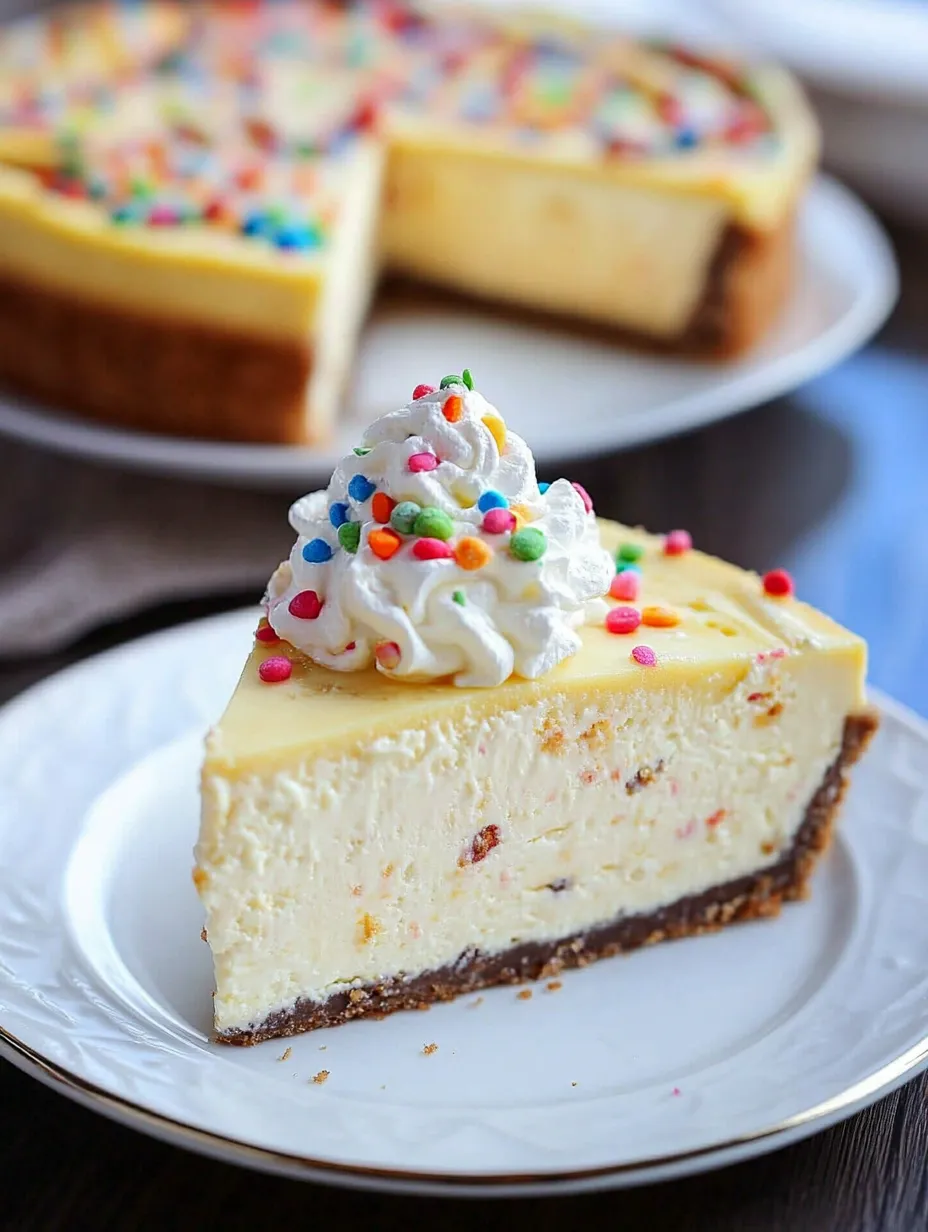 A slice of cheesecake with a dollop of whipped cream on top.