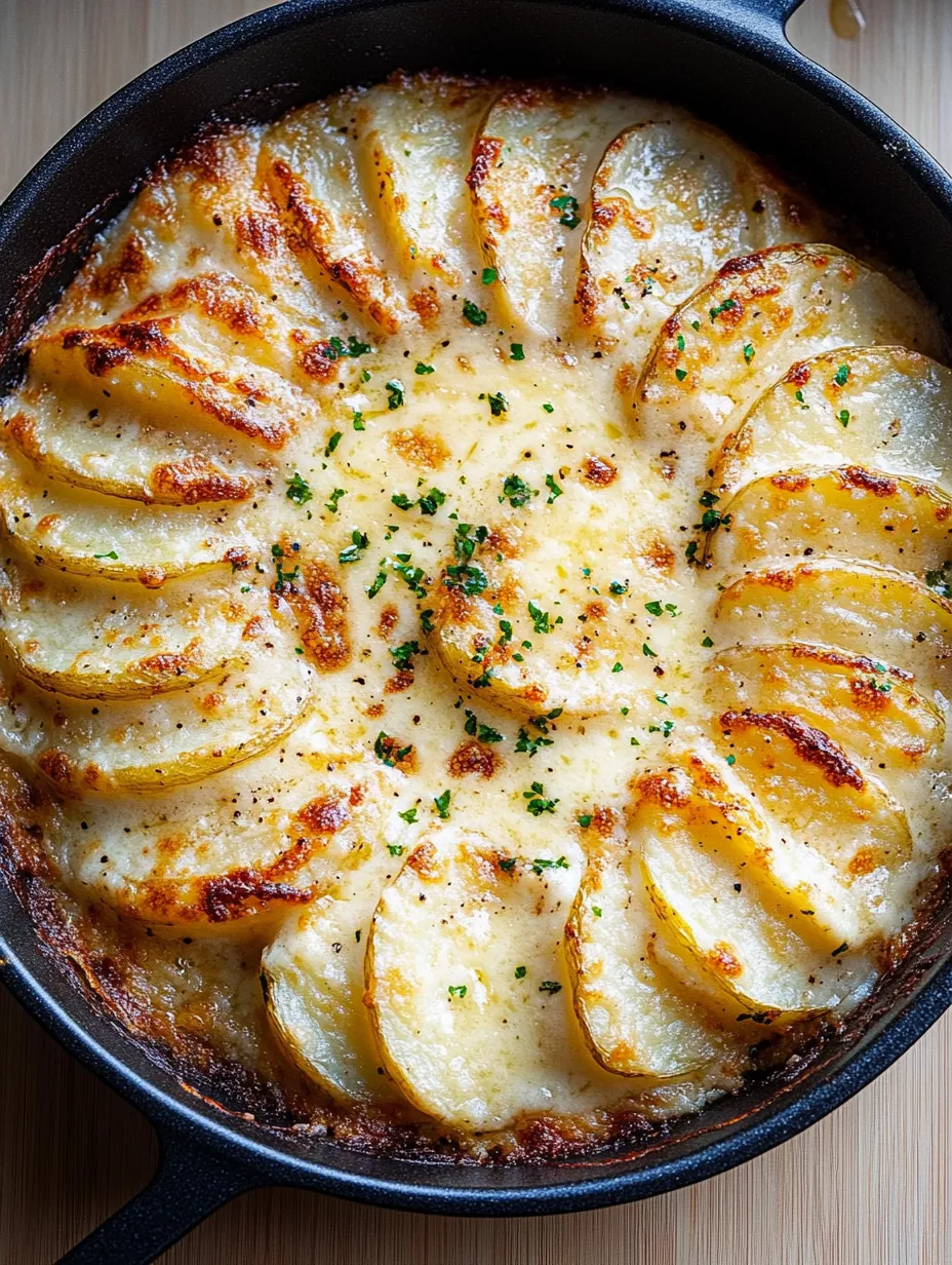 A dish of food with a slice of potato and a green herb on top.