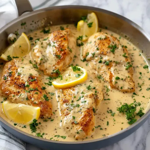 A pan of chicken with lemon and herbs.